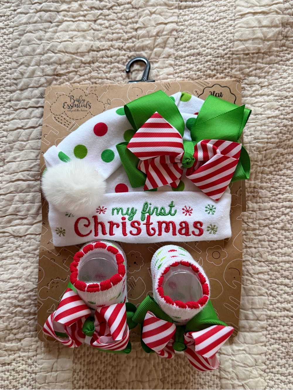 Baby Essentials Christmas Hat & Booties Set - Green, Red, White